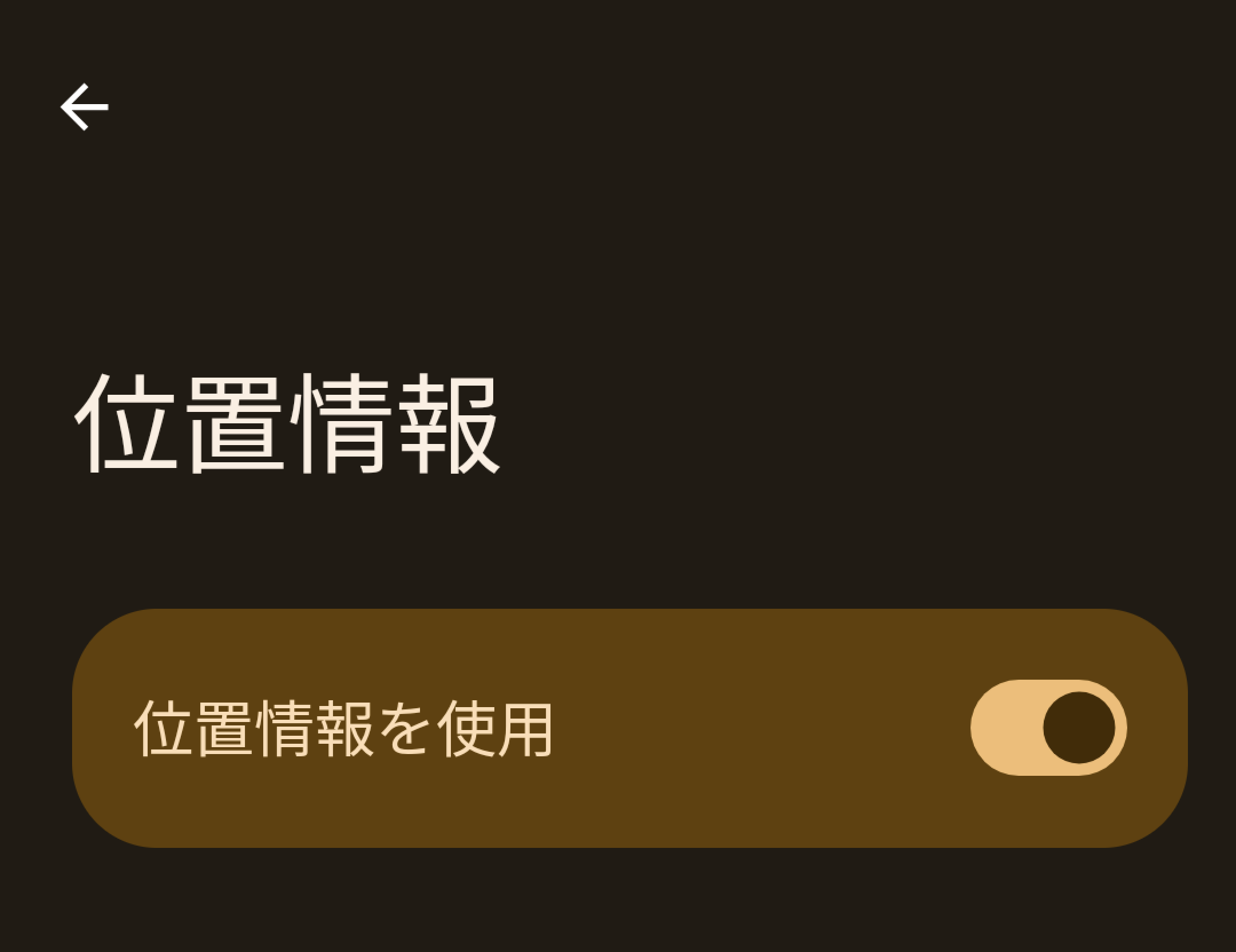 画像：Androidの位置情報の設定画面。位置情報をアプリの使用中のみ許可・毎回確認する・許可しないが並んでいて、アプリの使用中のみ許可にチェックが入っている状態